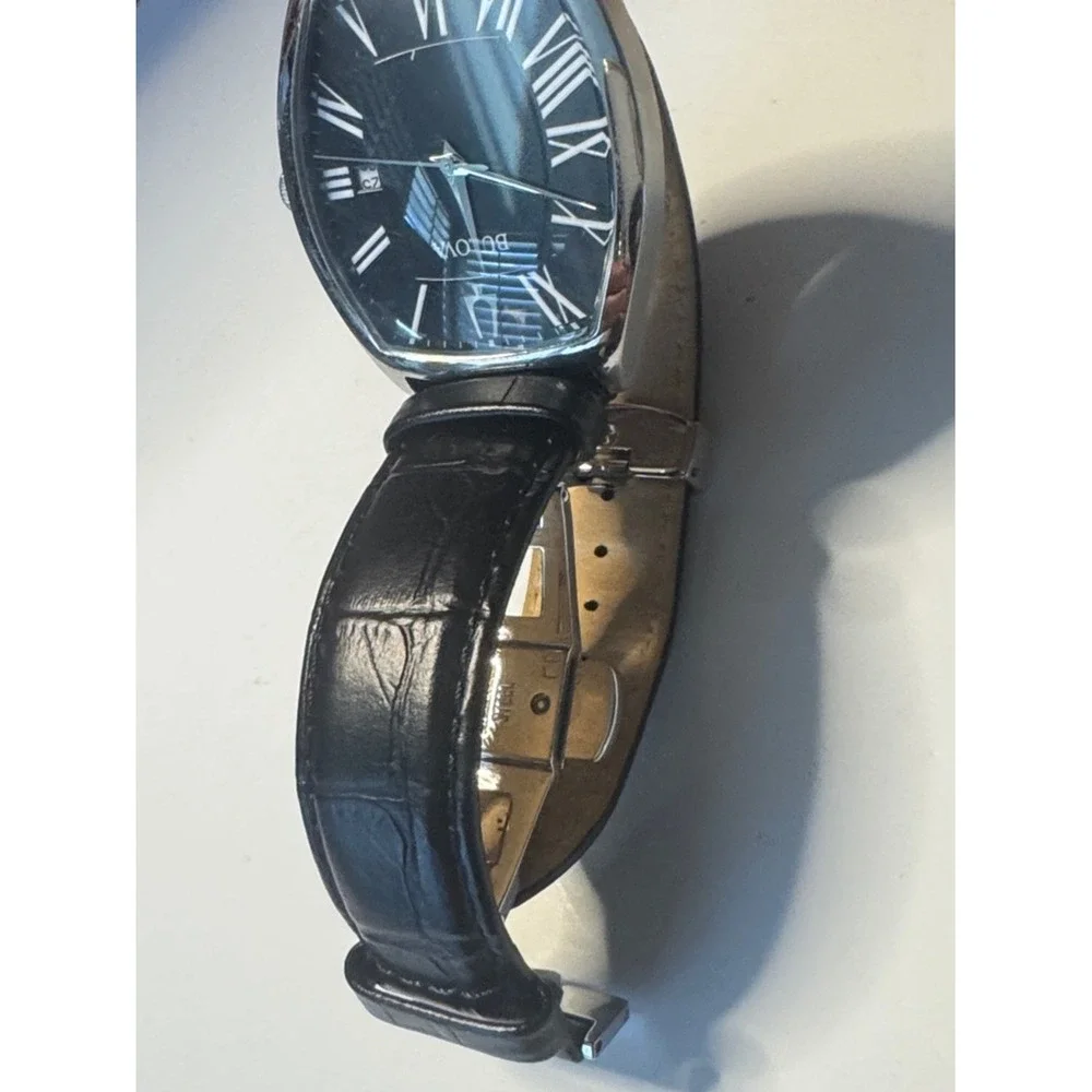 Bulova Watch Mens OS Black Roman Numeral Tonneau Leather Strap 96B290‎